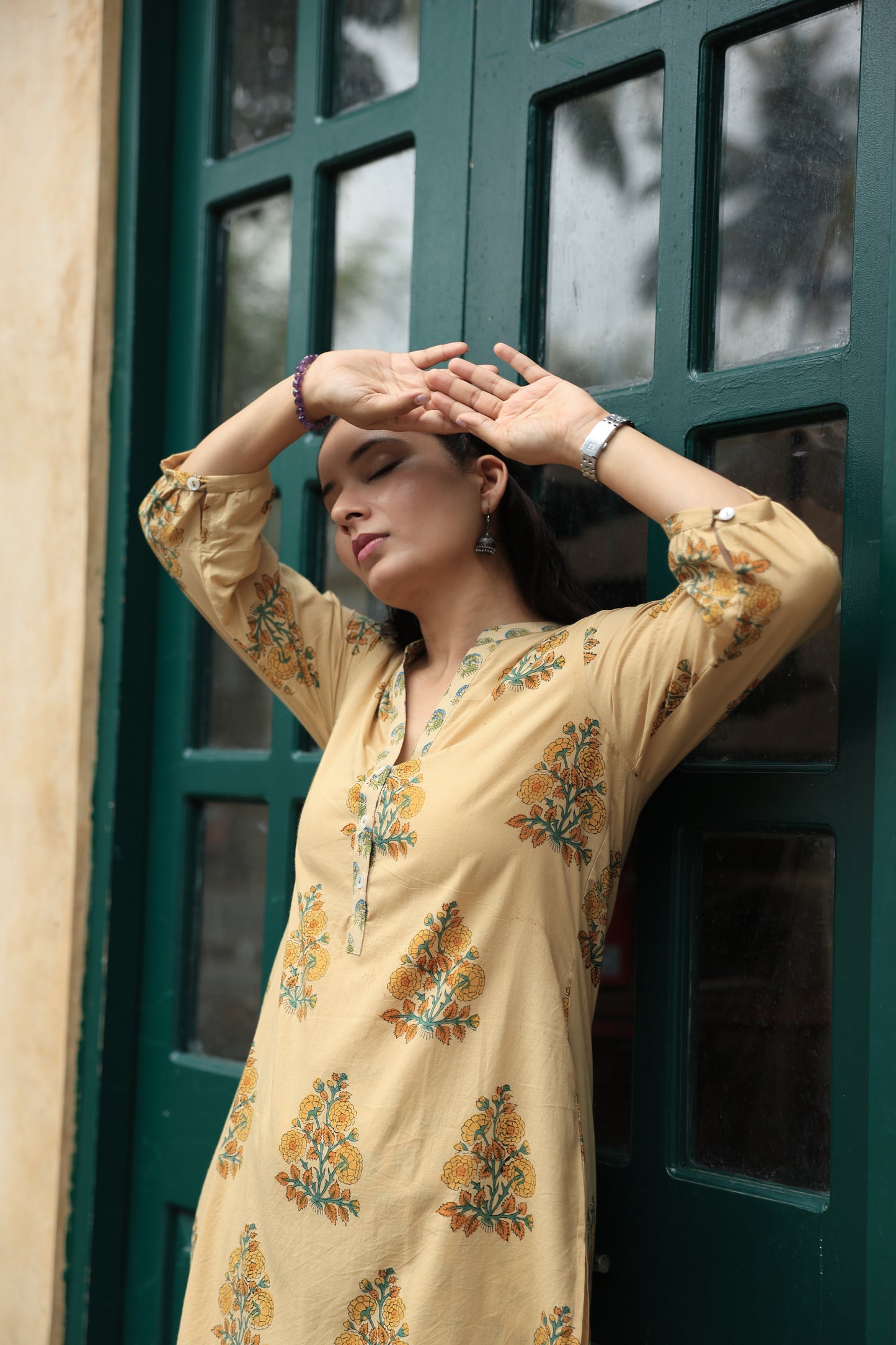 Haya Beige Sanganeri Kurta Pant Set