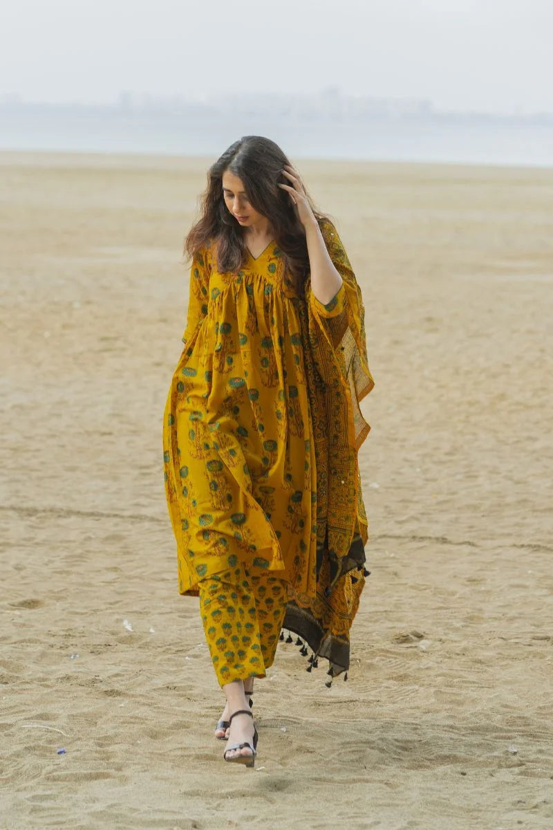 Mira Yellow Ajrakh Kurta Pant Set WITHOUT Dupatta