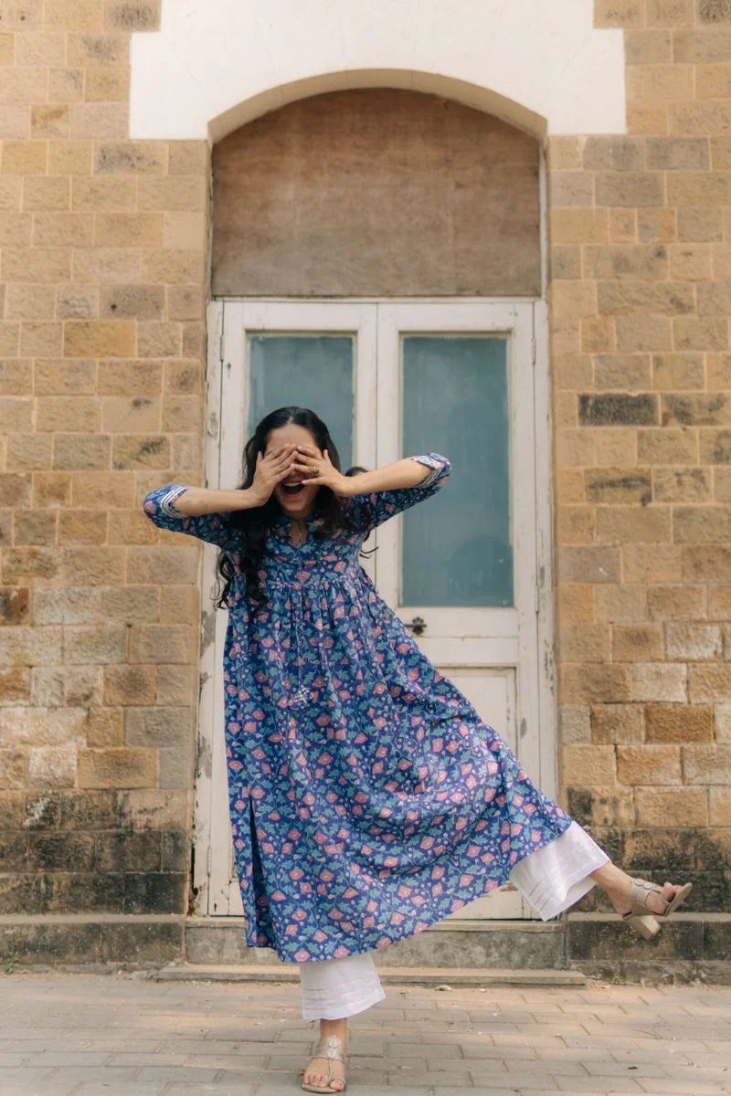 Raabta Peacock Blue Sanganeri Kurta
