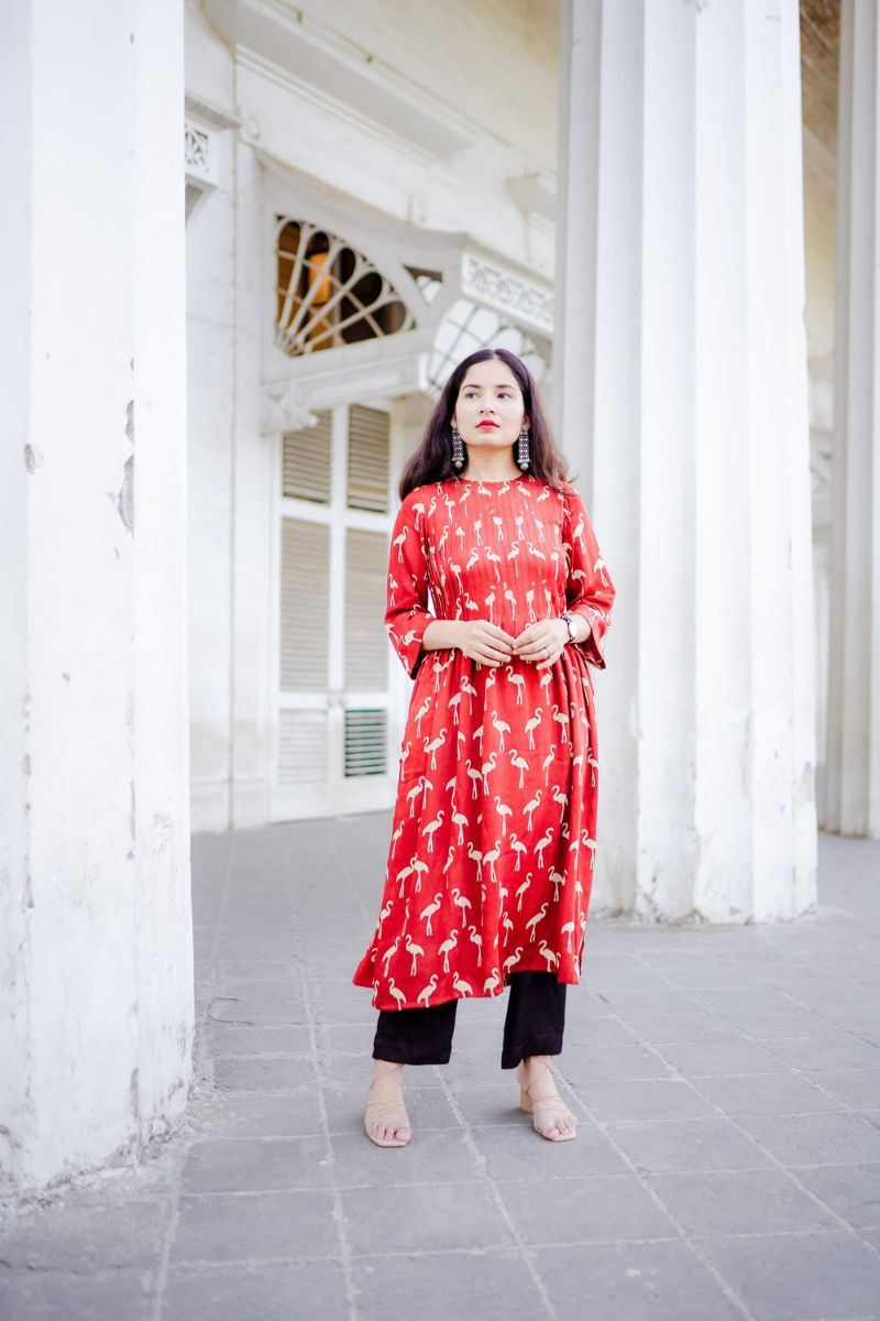 Flamingo Red Silk Kurta