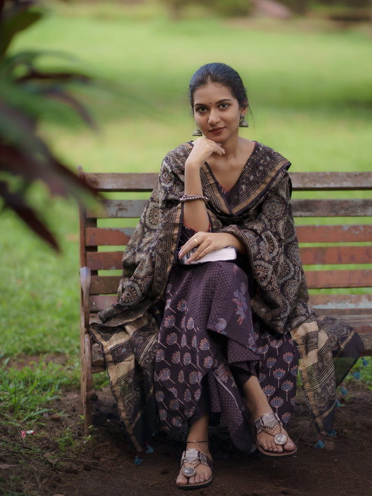 Mannat Black Ajrakh Chanderi Silk Dupatta