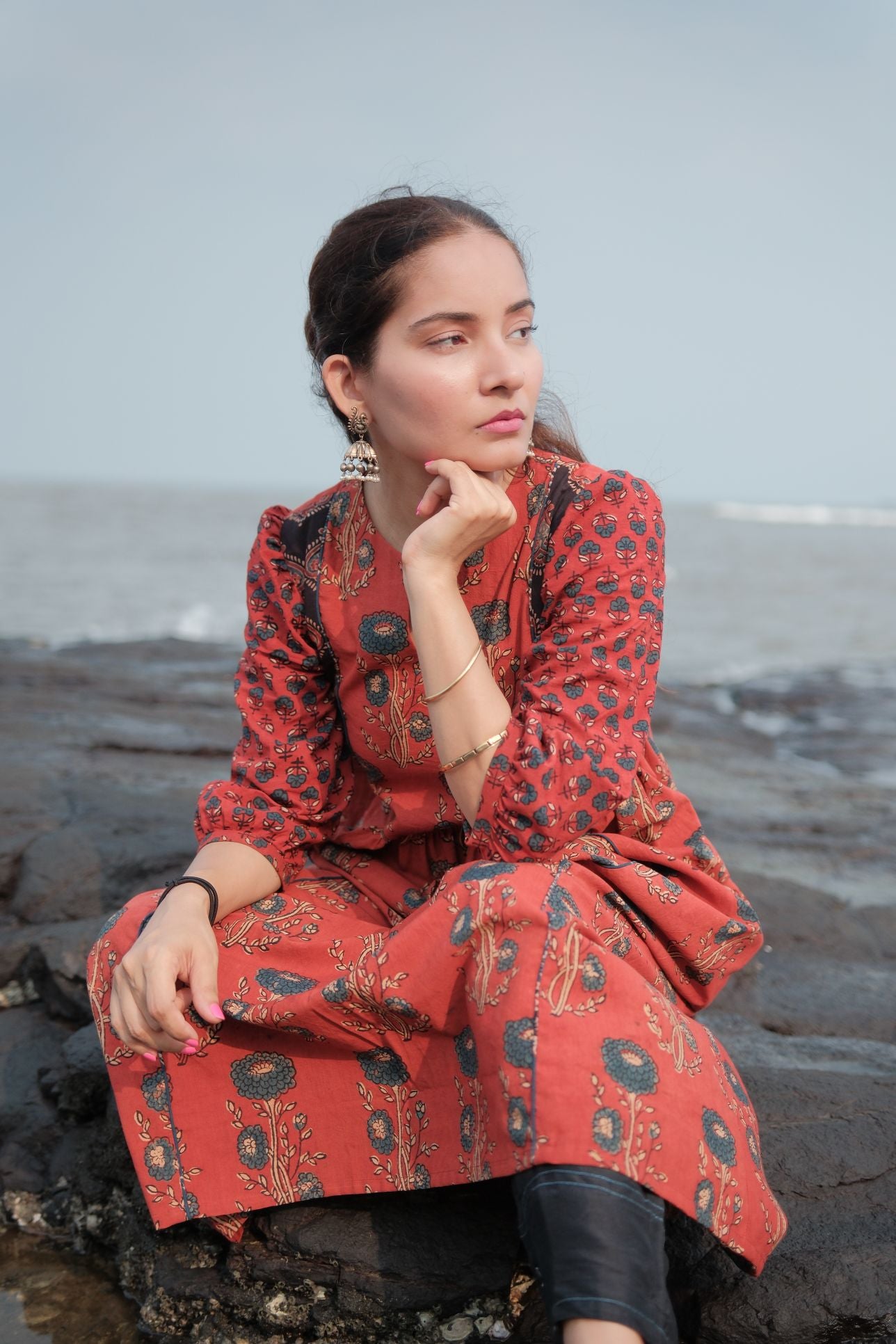 Ehsaas Madder Red Patchwork Kalidaar Ajrakh Kurta