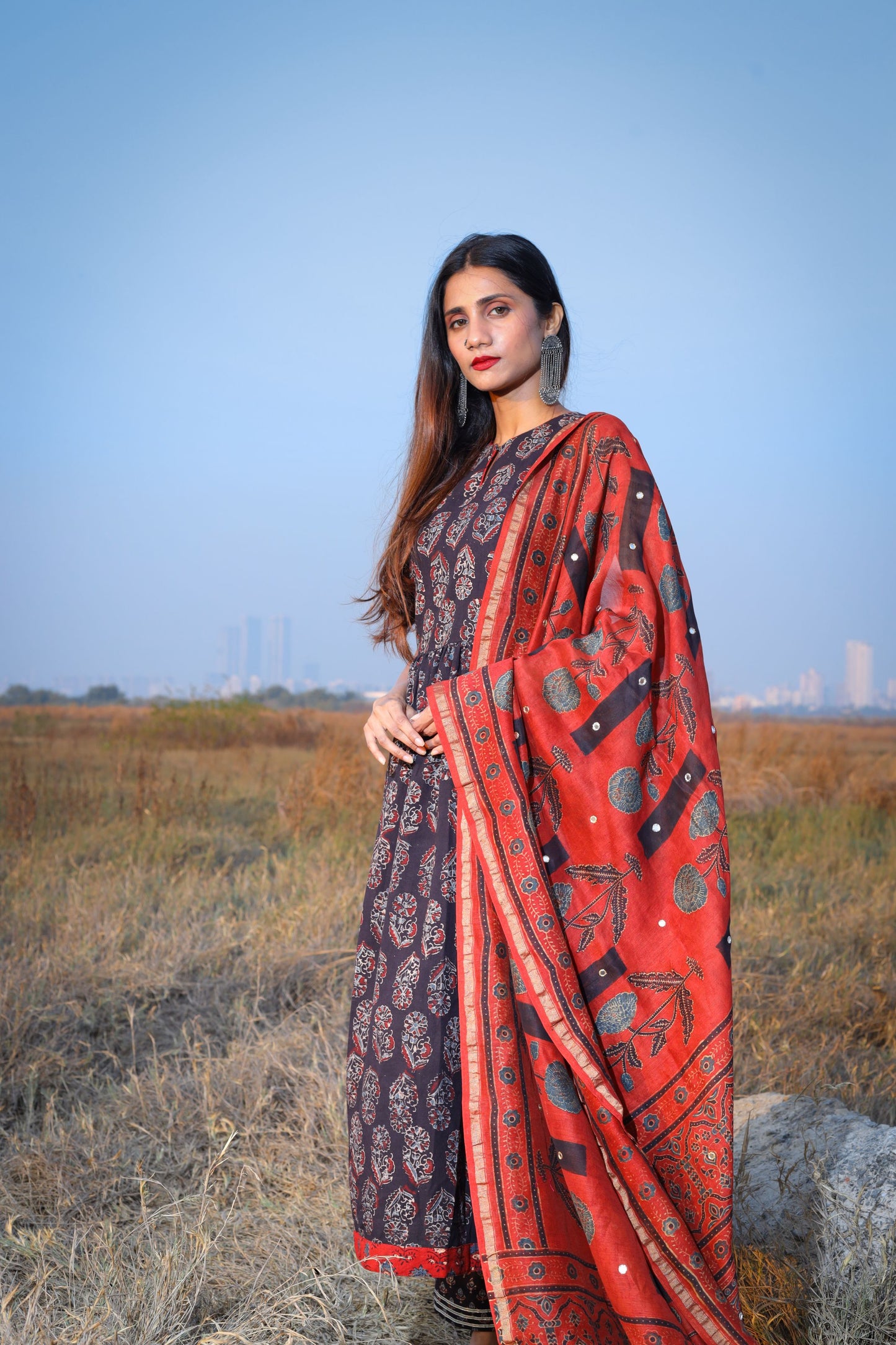Madder Ajrakh Chanderi Silk Dupatta with mirror work