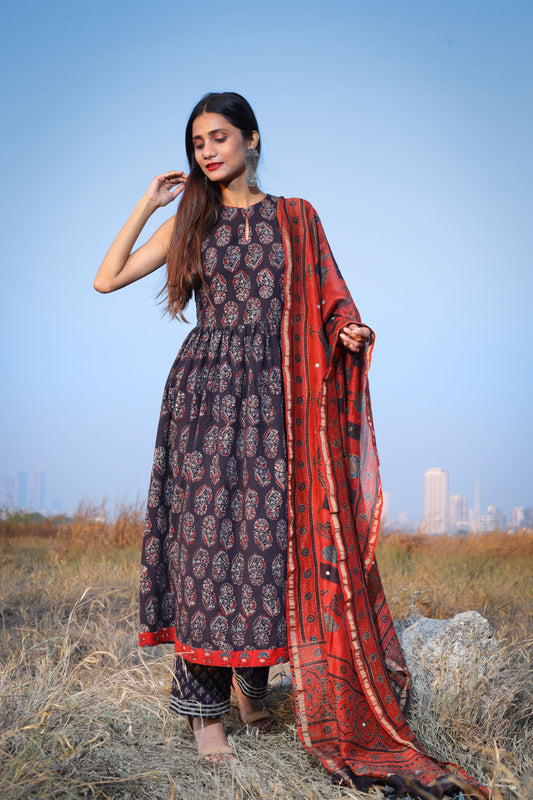 Madder Ajrakh Chanderi Silk Dupatta with mirror work