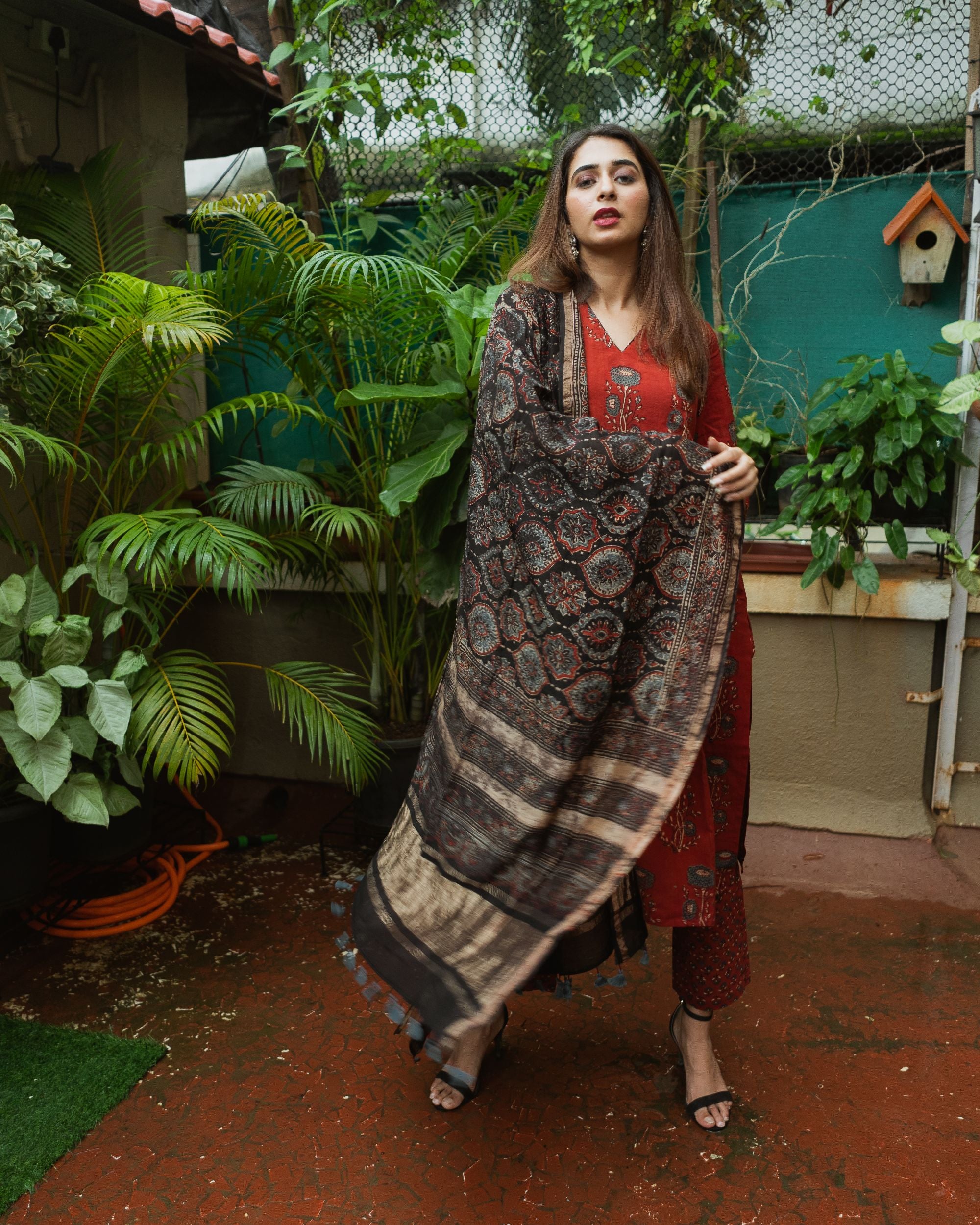 Black Ajrakh Chanderi Silk Dupatta with zari Patti Black Ajrakh Chanderi Silk Dupatta with zari Patti