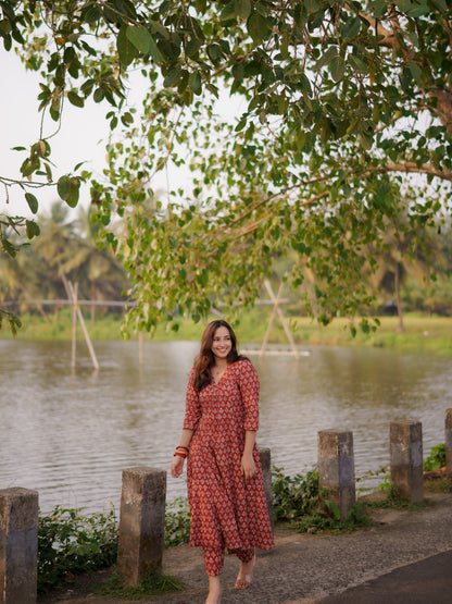 Katha Kalidaar Madder Red Bagru Co-ord Set