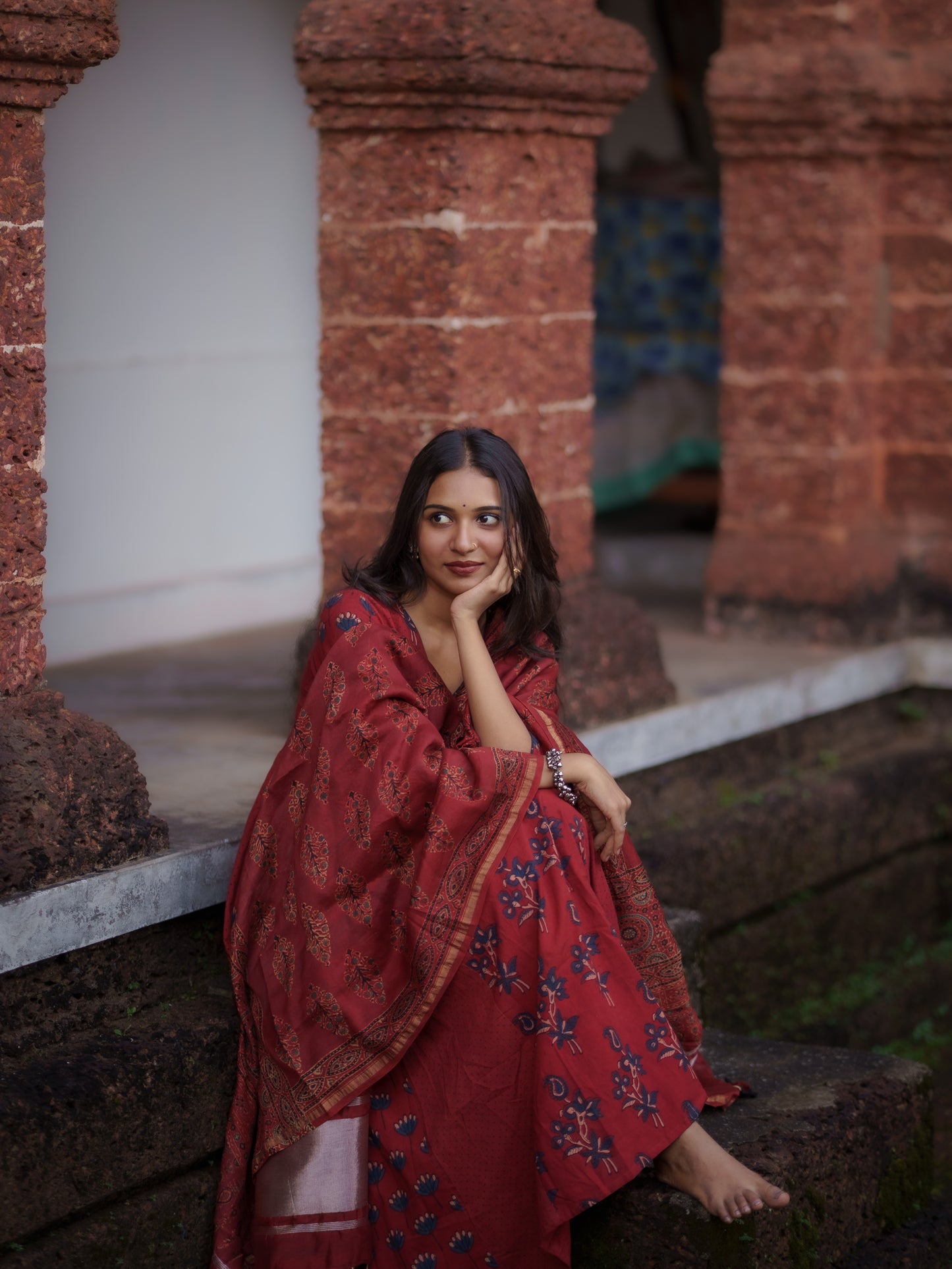 Mannat Madder Ajrakh Chanderi Silk Dupatta with zari Patti