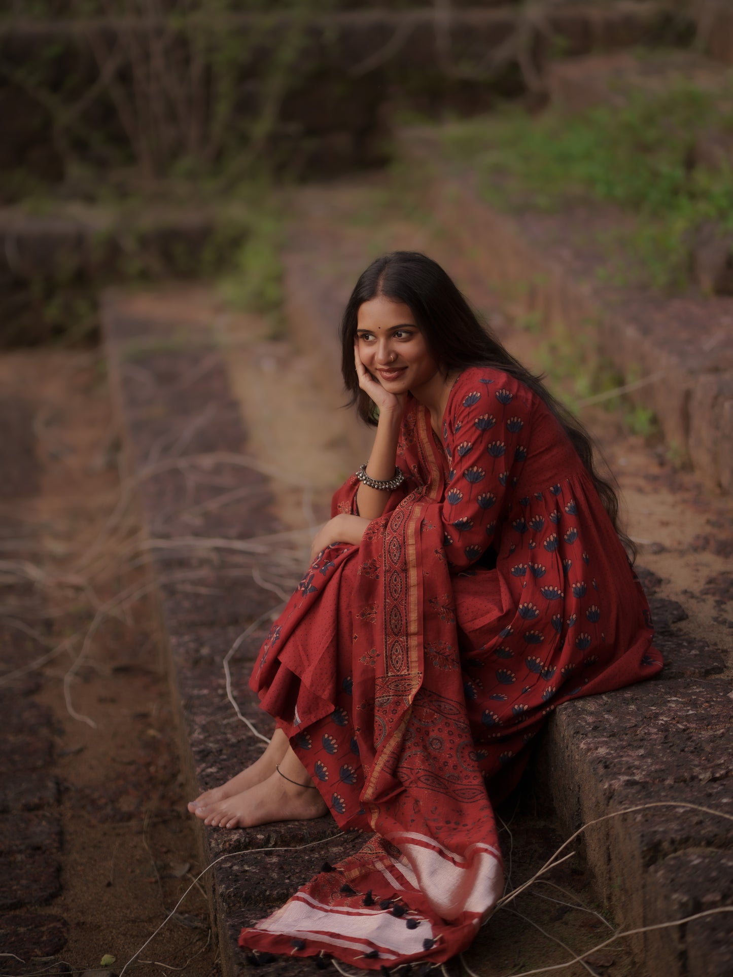 Mannat Madder Ajrakh Chanderi Silk Dupatta with zari Patti