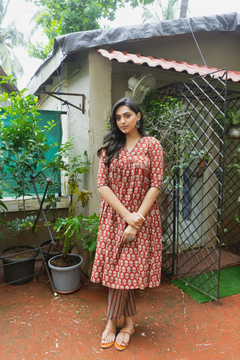 Mira Madder Red Bagru Kurta Pant Set WITH Dupatta