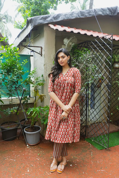 Mira Madder Red Bagru Kurta Pant Set WITH Dupatta