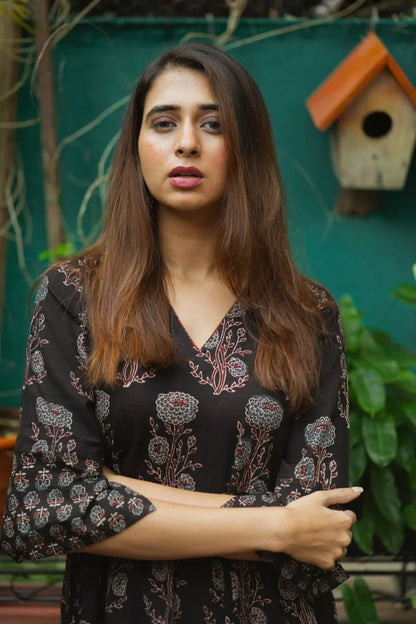 Mannat Black Ajrakh Kurta Only