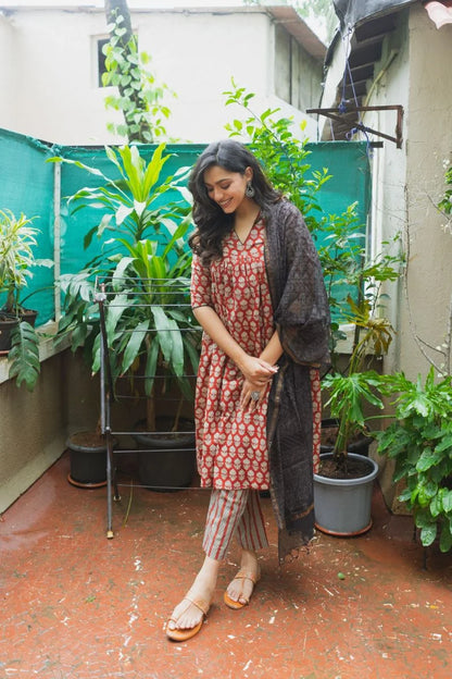 Mira Madder Red Bagru Kurta Pant Set WITH Dupatta