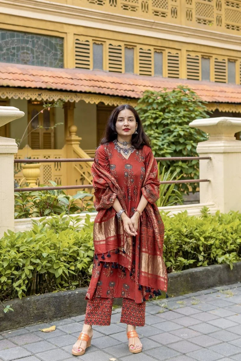 Mannat Madder Ajrakh Chanderi Silk Dupatta with zari Patti