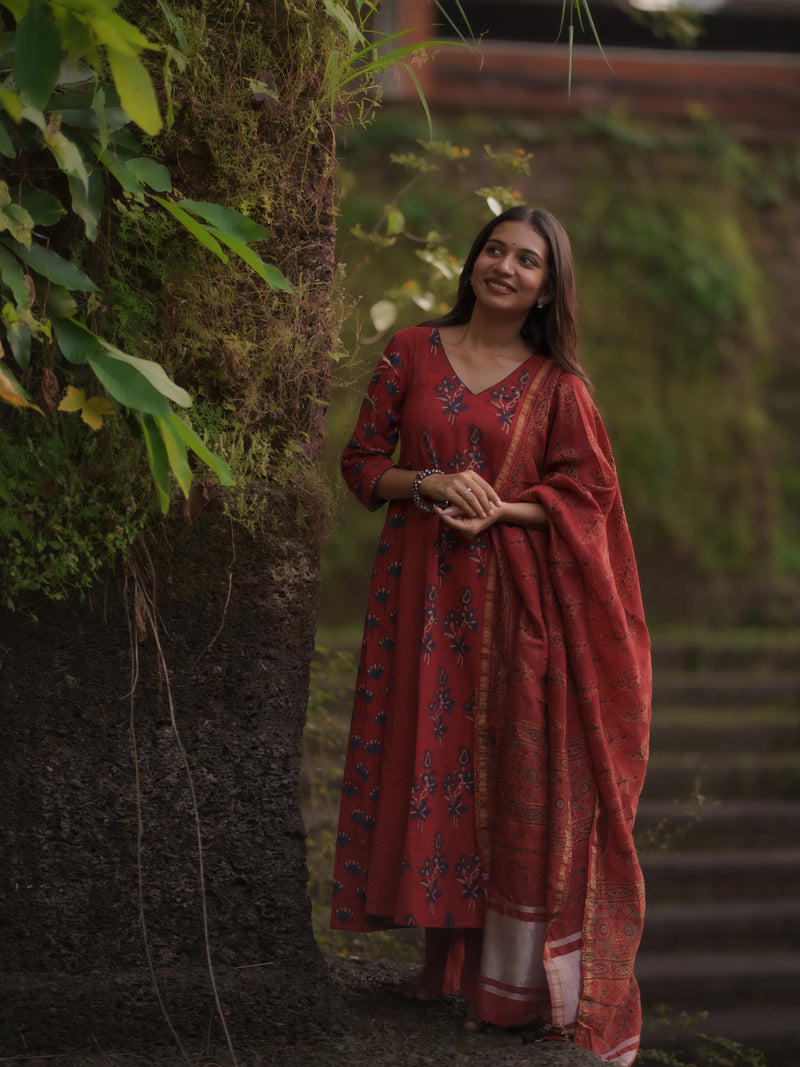 Mannat Madder Ajrakh Chanderi Silk Dupatta with zari Patti