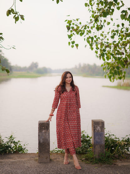 Katha Kalidaar Madder Red Bagru Co-ord Set