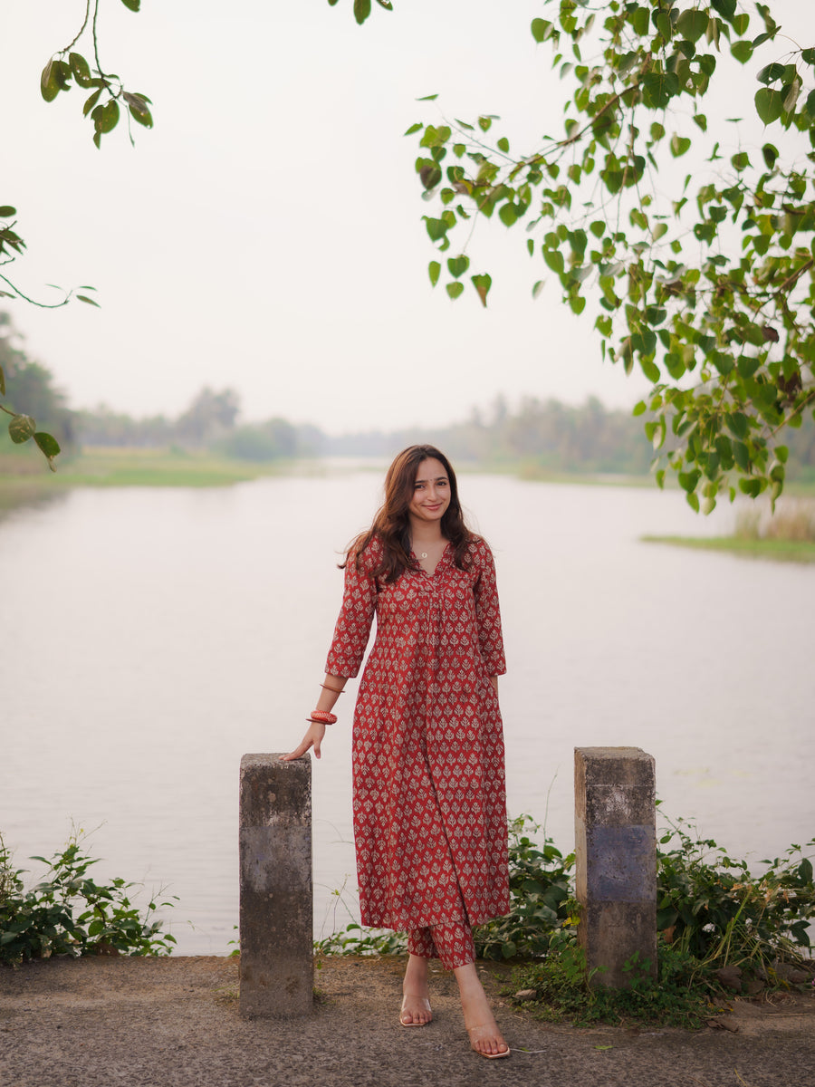 Katha Kalidaar Madder Red Bagru Co-ord Set