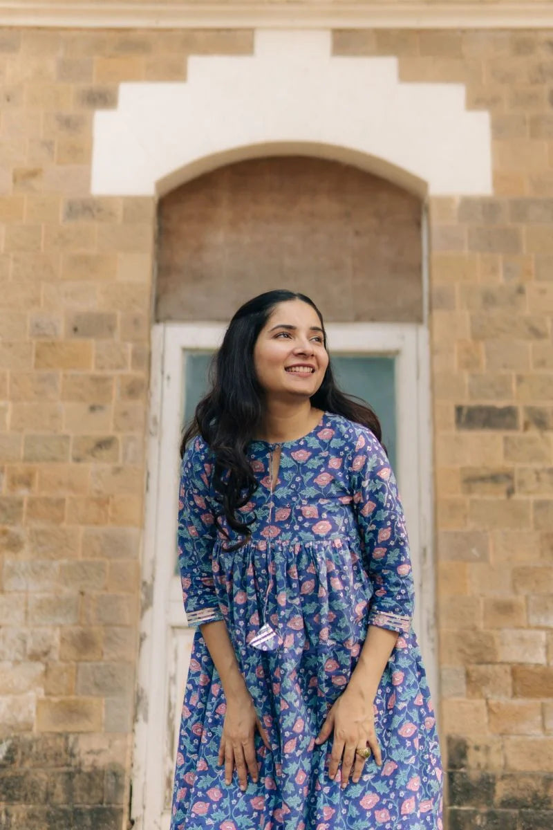 Raabta Peacock Blue Sanganeri Kurta