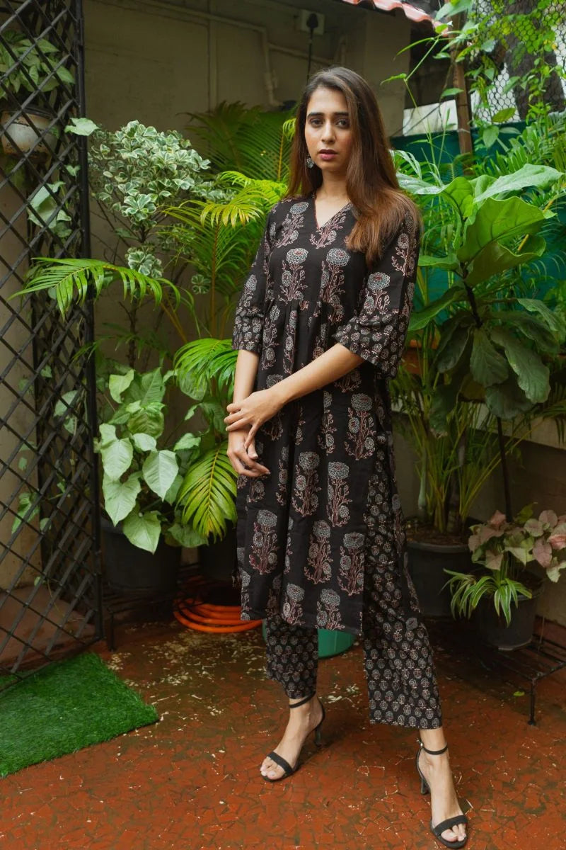 Mannat Black Ajrakh Kurta Only