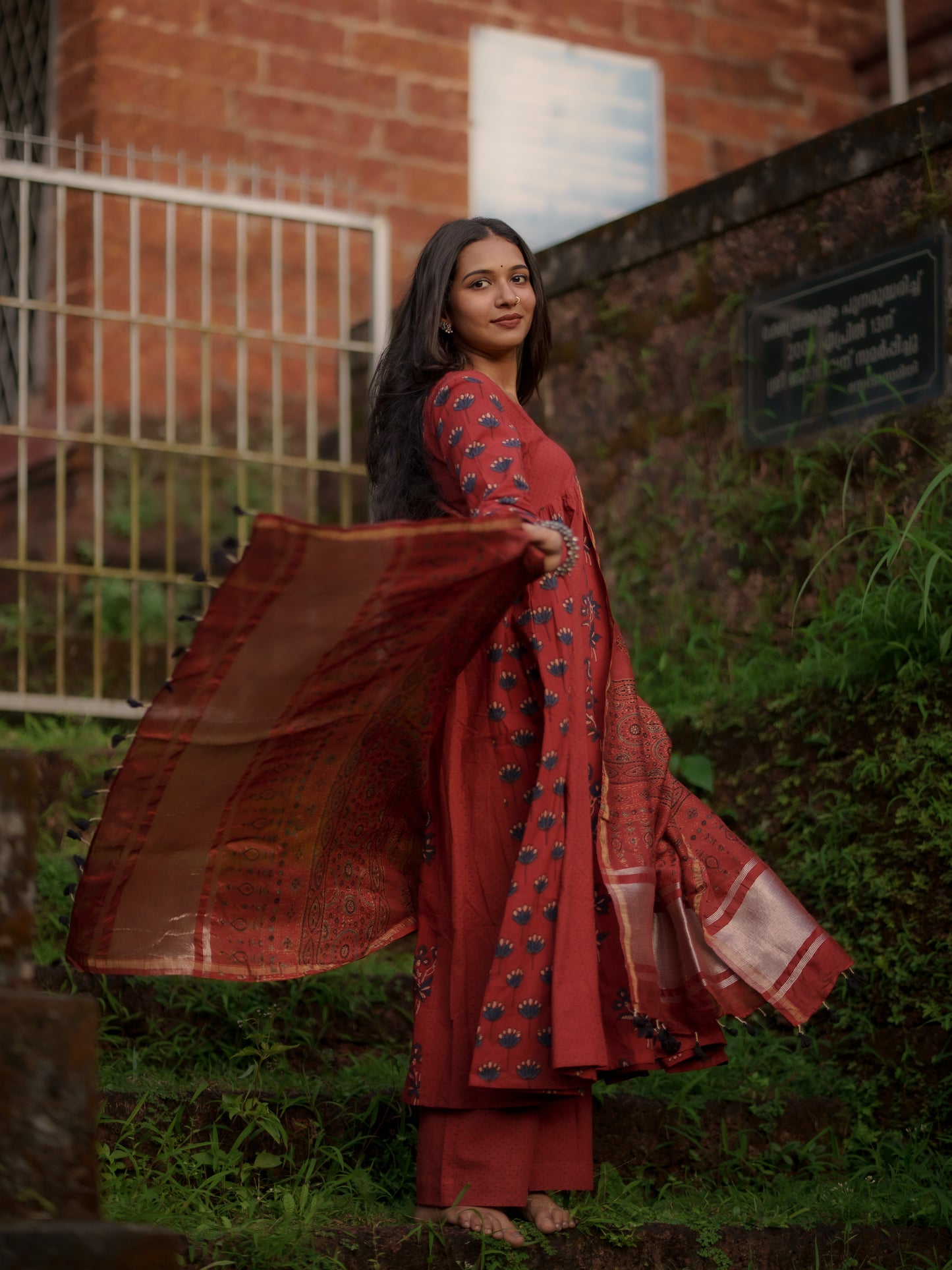 Mannat Madder Ajrakh Chanderi Silk Dupatta with zari Patti