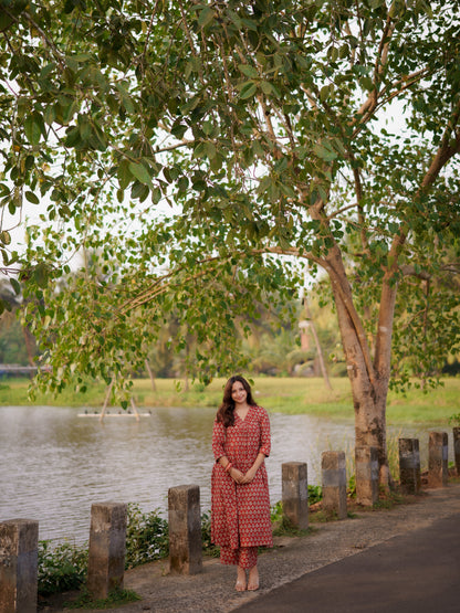 Katha Kalidaar Madder Red Bagru Co-ord Set