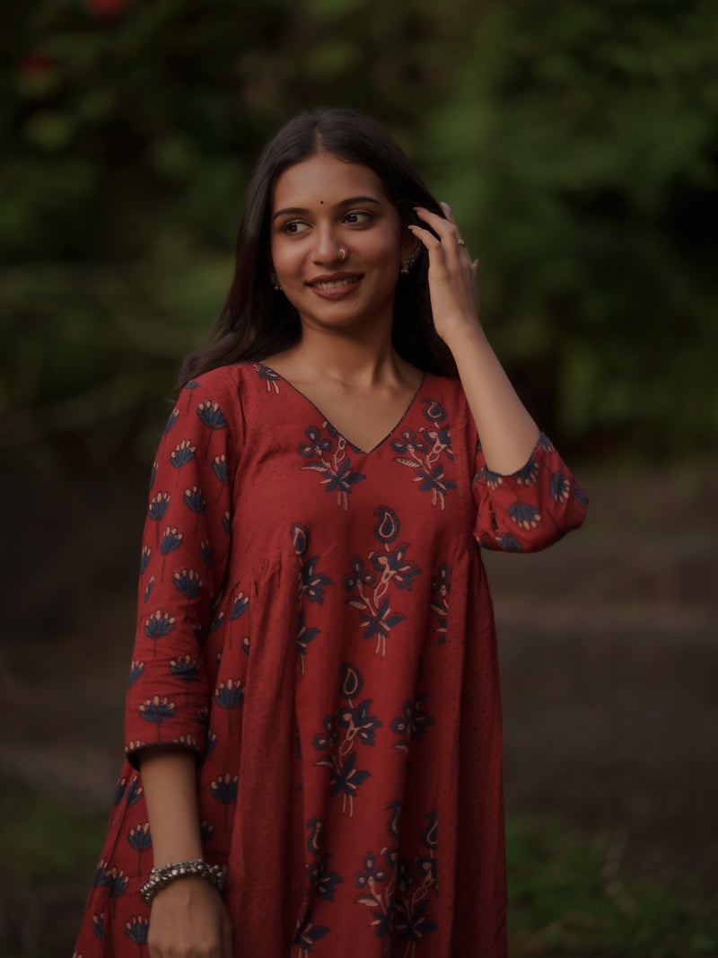 Kaaya Madder Red Ajrakh Kalidaar Set