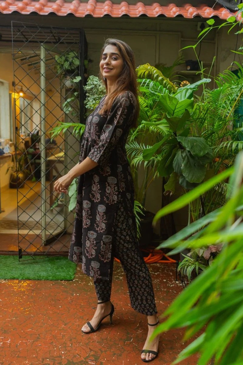 Mannat Black Ajrakh Kurta Only
