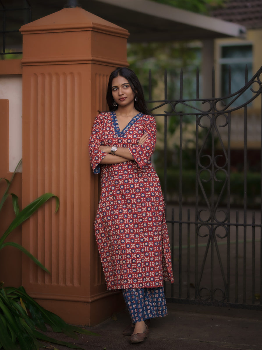 Mandaaram Madder Red Bagru Kurta
