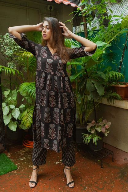 Mannat Black Ajrakh Kurta Only