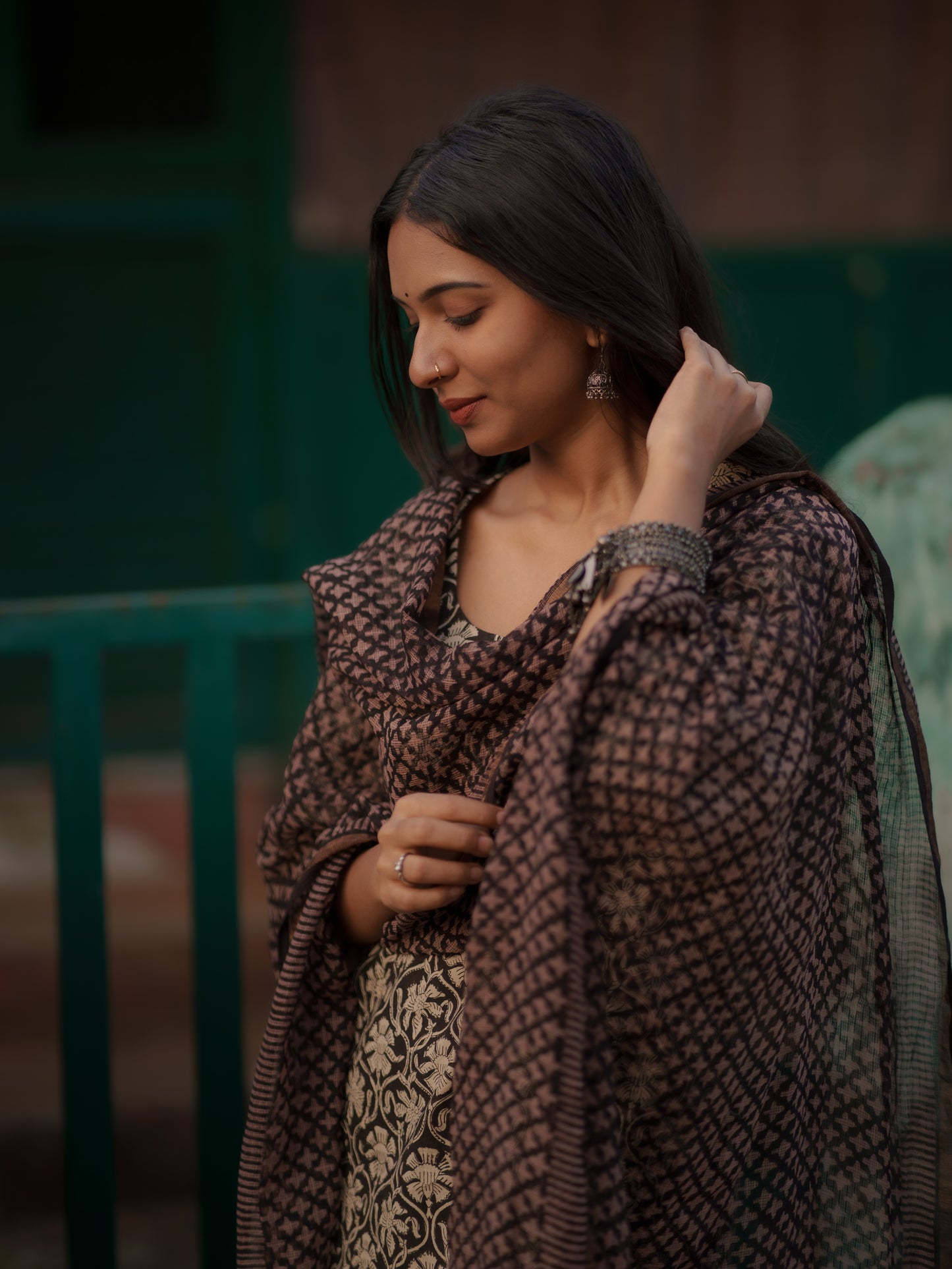 Myraa Black Kota Cotton Ajrakh dupatta