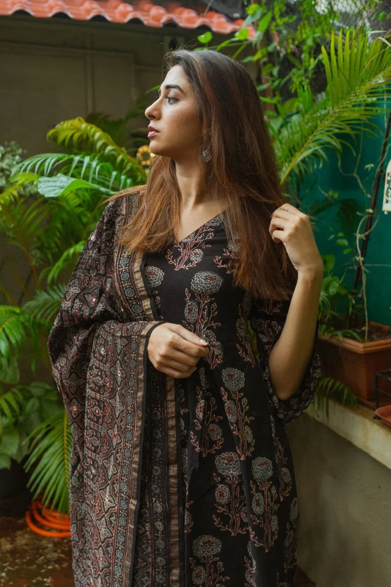 Mannat Black Ajrakh Kurta Only