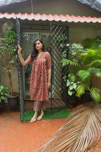 Mira Madder Red Bagru Kurta Pant Set WITH Dupatta