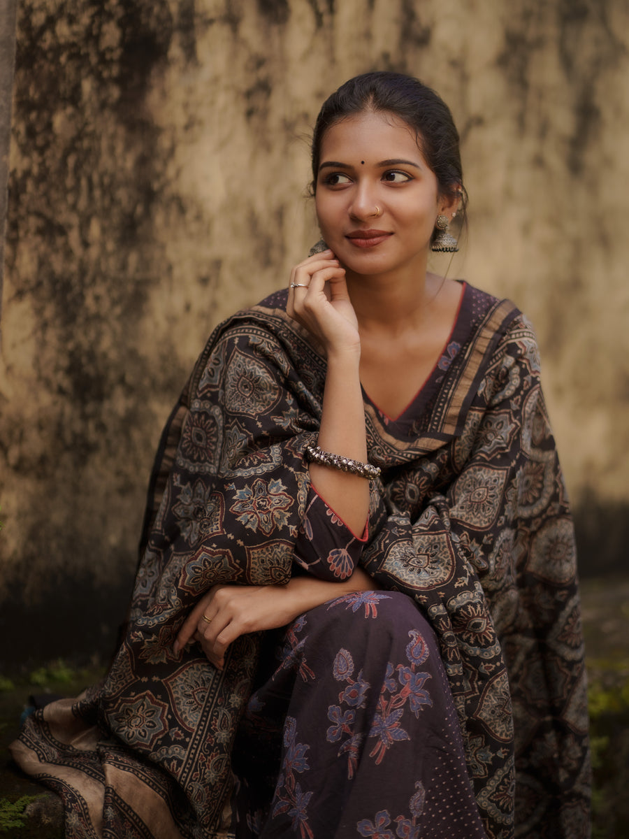Mannat Black Ajrakh Chanderi Silk Dupatta