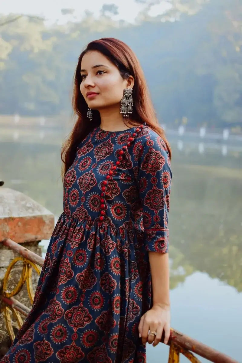 FIROZA POLKA DOT AJRAKH PRINTED MIRROR WORK KURTA - aoho