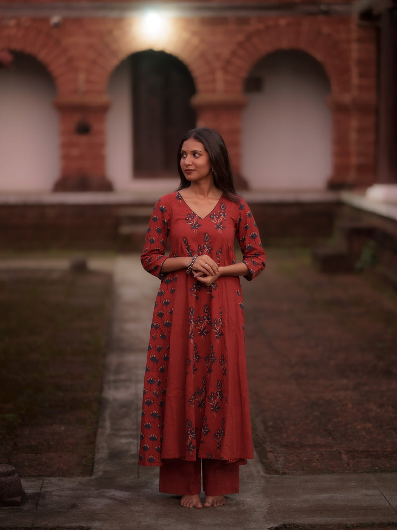 Kaaya Madder Red Ajrakh Kalidaar Set
