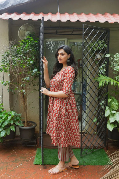 Mira Madder Red Bagru Kurta Pant Set WITH Dupatta