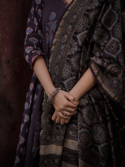 Mannat Black Ajrakh Chanderi Silk Dupatta