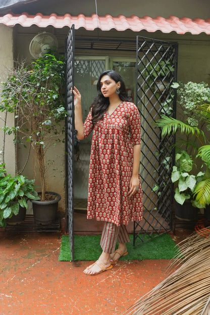 Mira Madder Red Bagru Kurta Pant Set WITH Dupatta