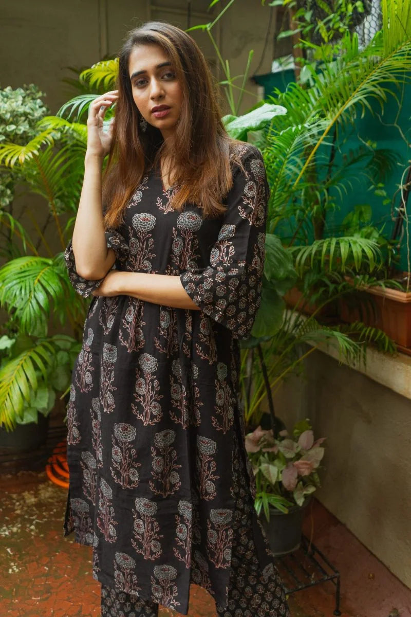 Mannat Black Ajrakh Kurta Only