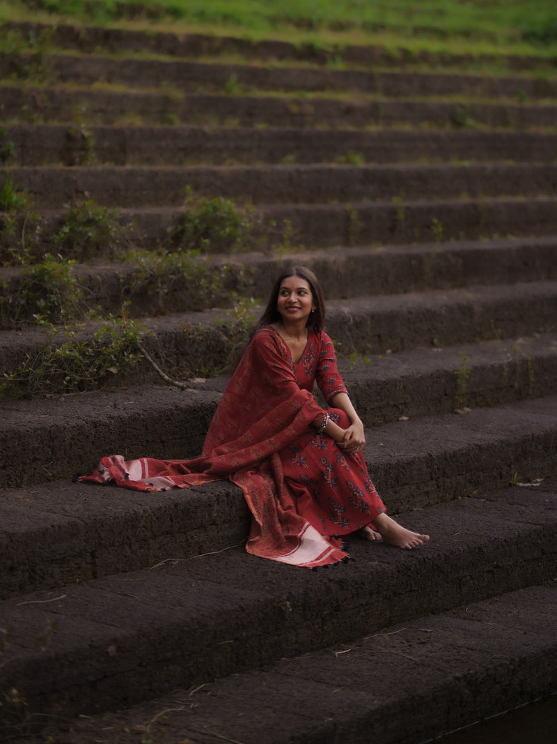 Kaaya Madder Red Ajrakh Kalidaar Set