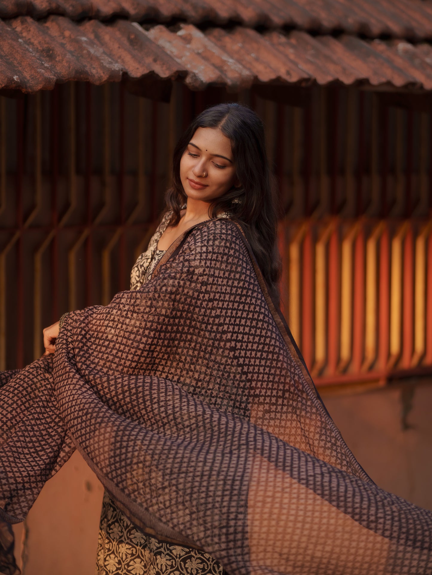 Myraa Black Kota Cotton Ajrakh dupatta