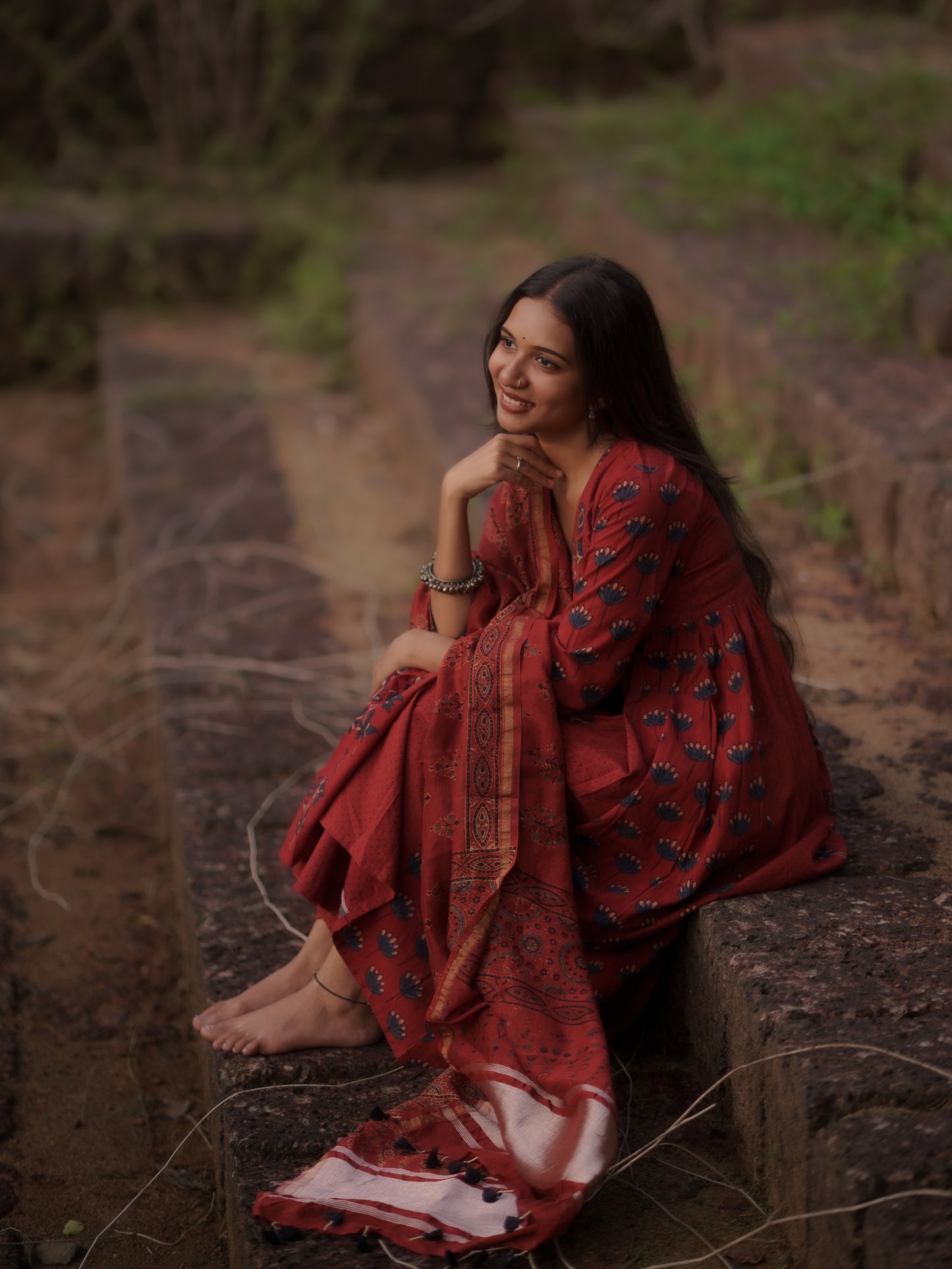 Mannat Madder Ajrakh Chanderi Silk Dupatta with zari Patti
