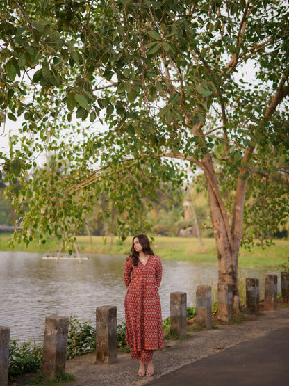 Katha Kalidaar Madder Red Bagru Co-ord Set