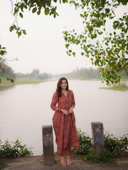 Katha Kalidaar Madder Red Bagru Co-ord Set