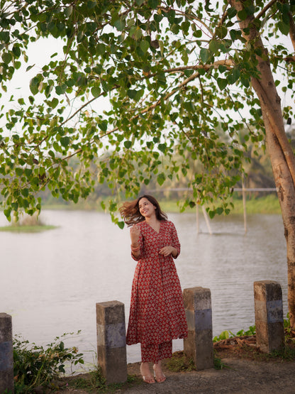 Katha Kalidaar Madder Red Bagru Co-ord Set