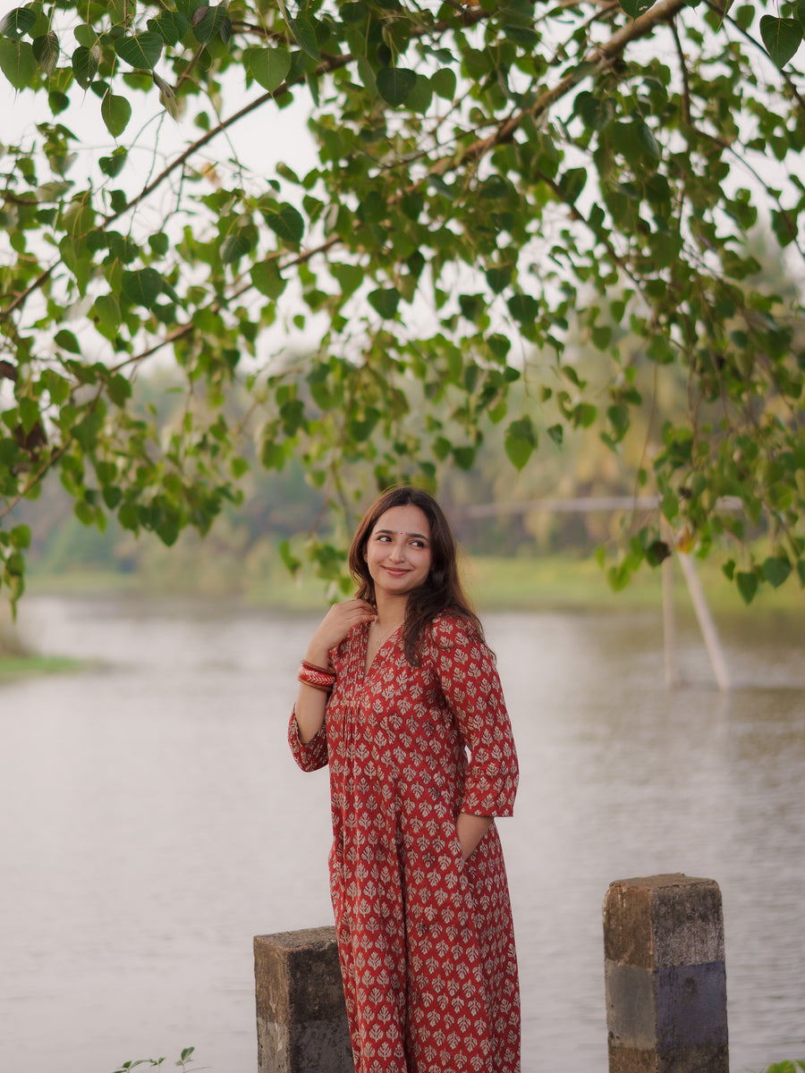 Katha Kalidaar Madder Red Bagru Co-ord Set