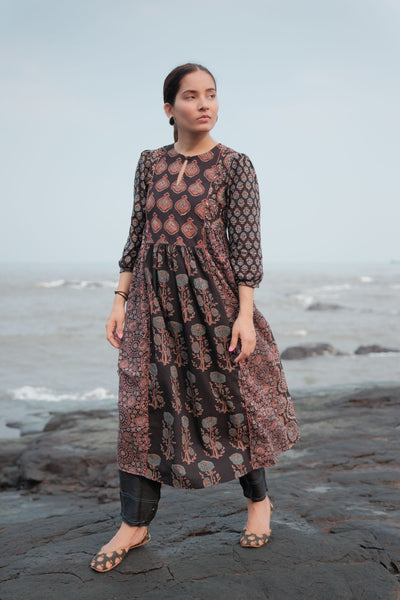 Ehsaas Black Patchwork Kalidaar Ajrakh Kurta