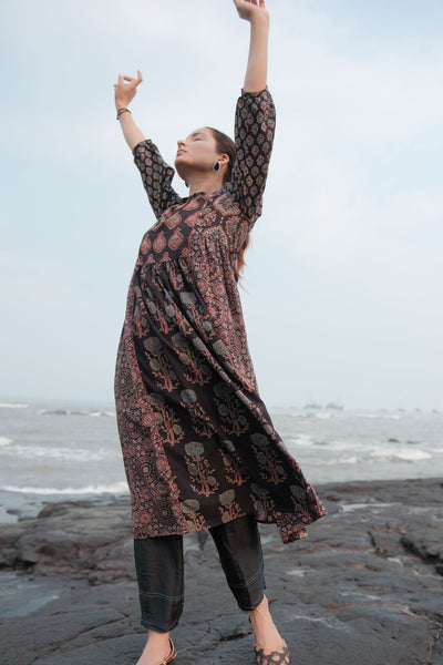 Ehsaas Black Patchwork Kalidaar Ajrakh Kurta