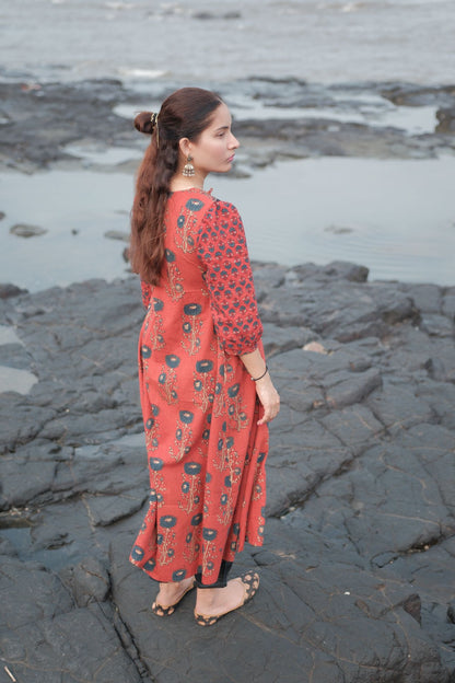 Ehsaas Madder Red Patchwork Kalidaar Ajrakh Kurta
