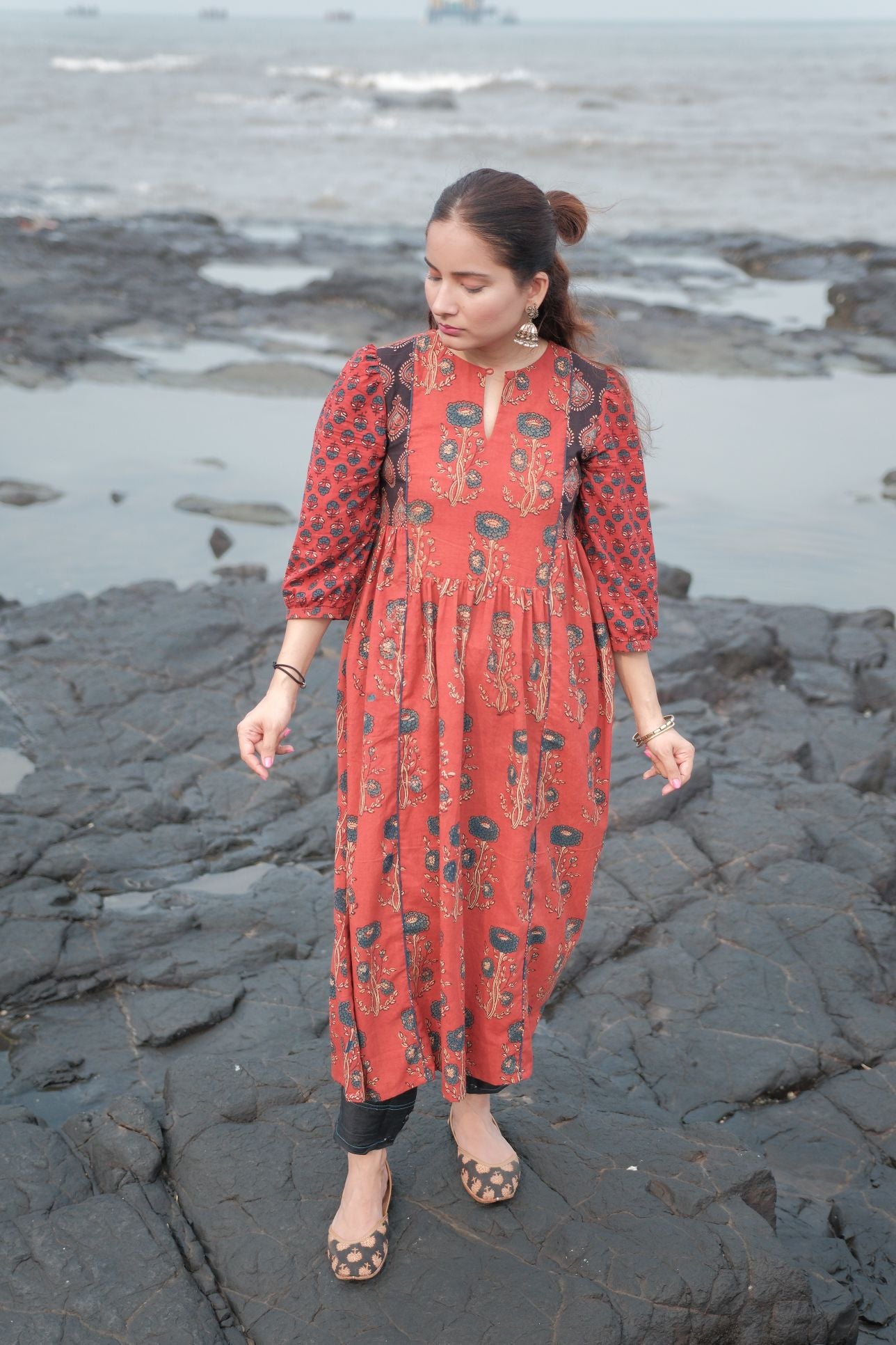 Ehsaas Madder Red Patchwork Kalidaar Ajrakh Kurta