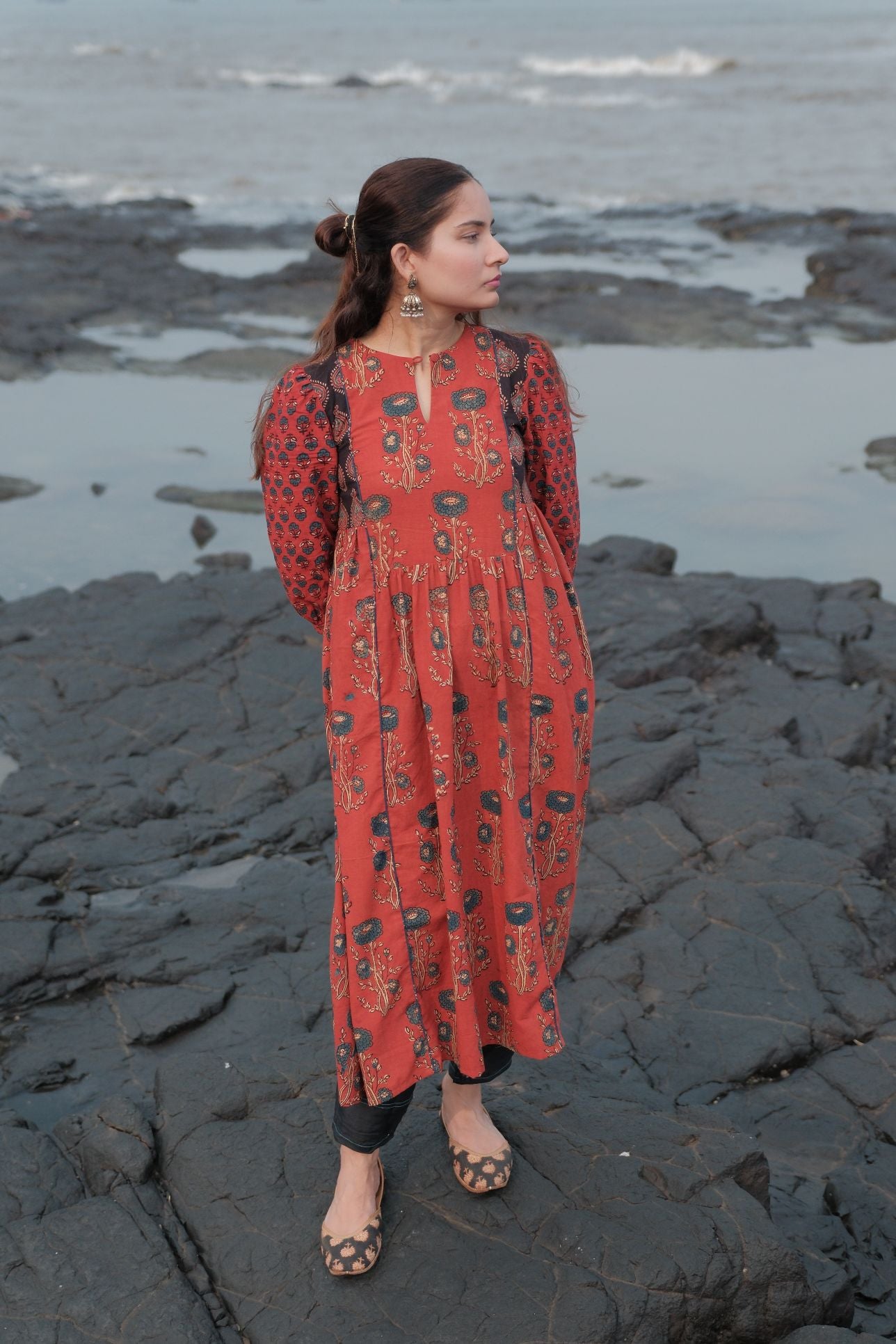 Ehsaas Madder Red Patchwork Kalidaar Ajrakh Kurta
